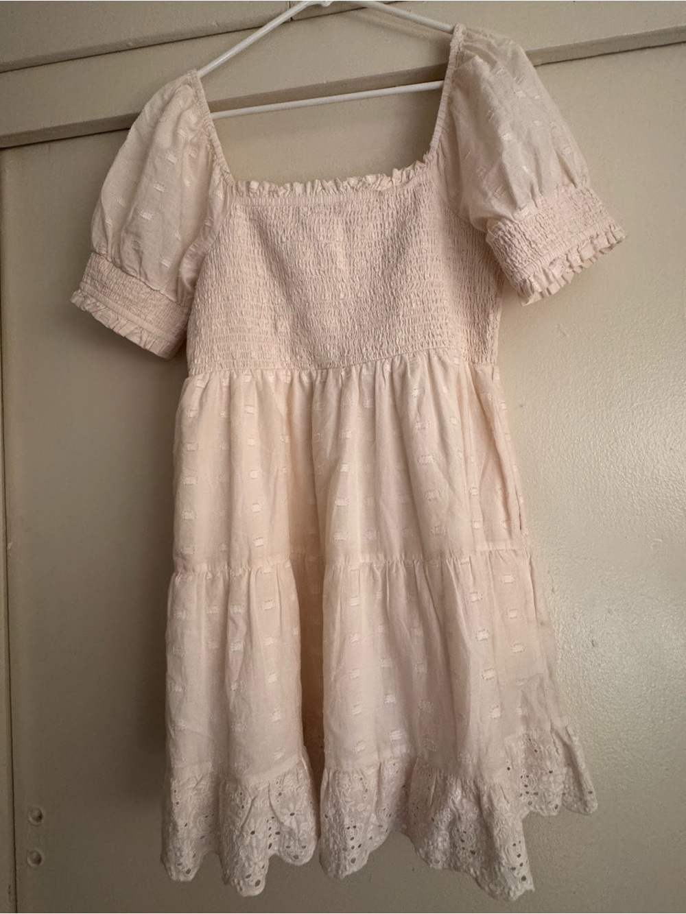 American Eagle Outfitters Cream Puff-Sleeve Smocked Tiered Dress